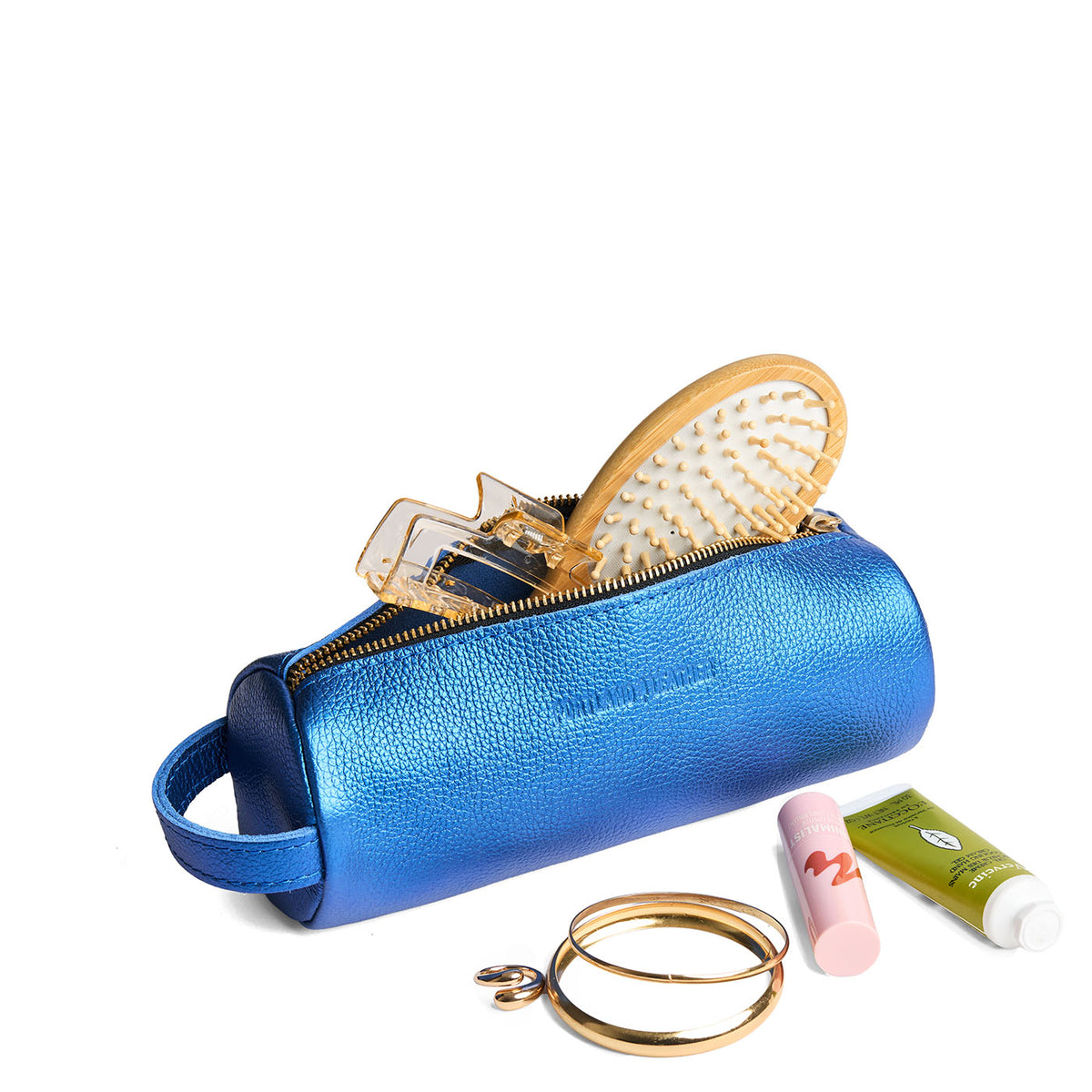 Comet Blue | Cylindrical leather pouch with zipper and handle
