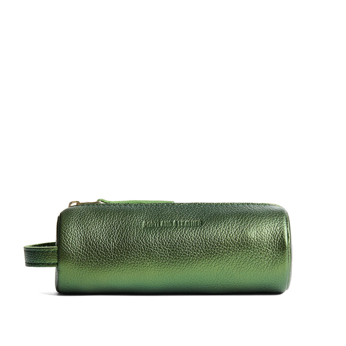 Metallic Greench | Cylindrical leather pouch with zipper and handle