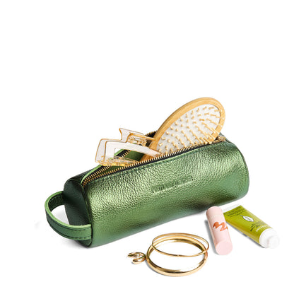 Metallic Greench | Cylindrical leather pouch with zipper and handle