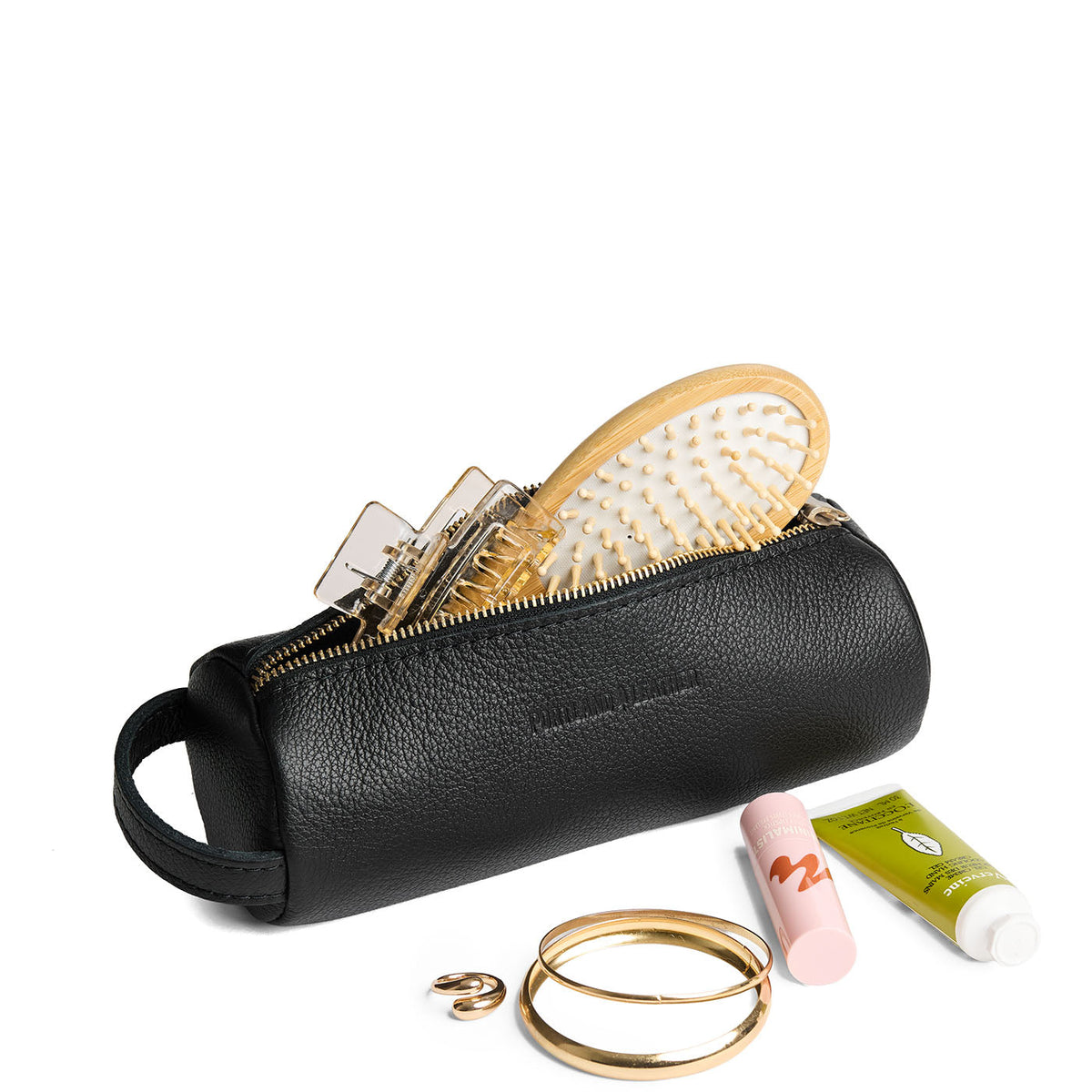 Pebbled--black | Cylindrical leather pouch with zipper and handle