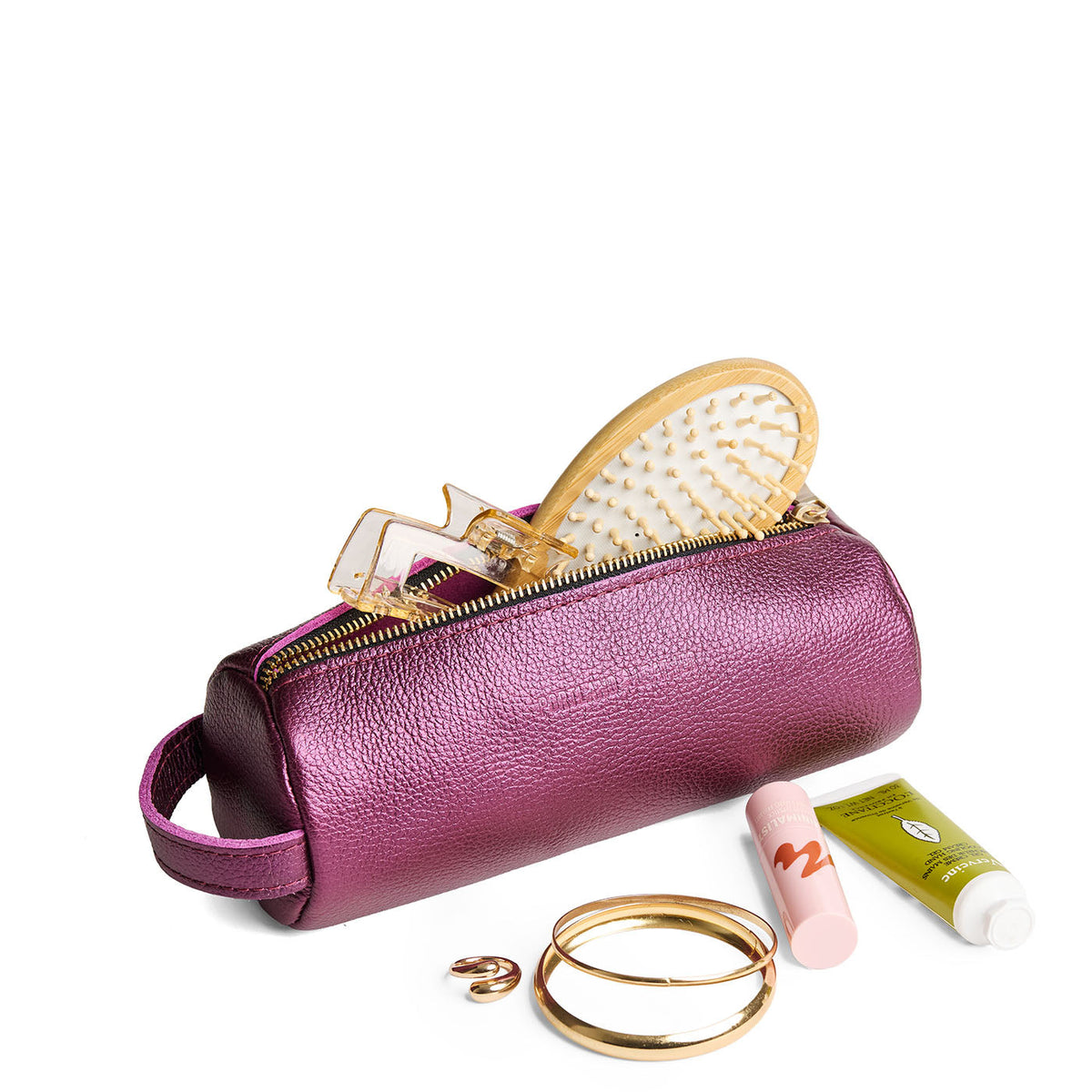Ultra Violet | Cylindrical leather pouch with zipper and handle