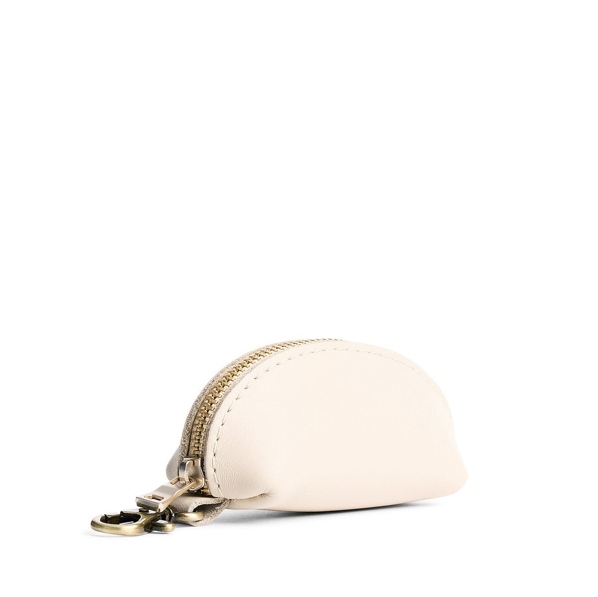 Bone | Taco shaped leather pouch with zipper and swivel lobster clasp on white background