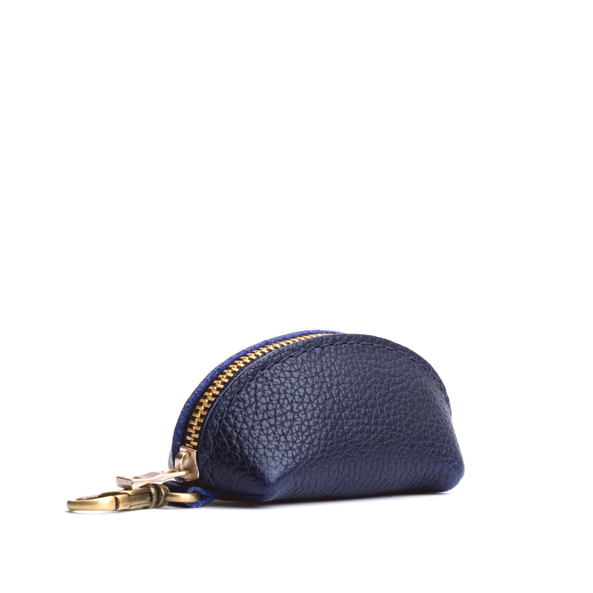 Cobalt | Taco shaped leather pouch with zipper and swivel lobster clasp on white background