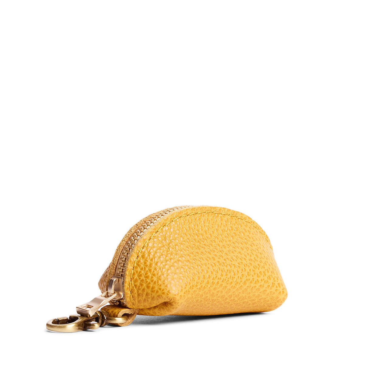 Sunshine | Taco shaped leather pouch with zipper and swivel lobster clasp on white background