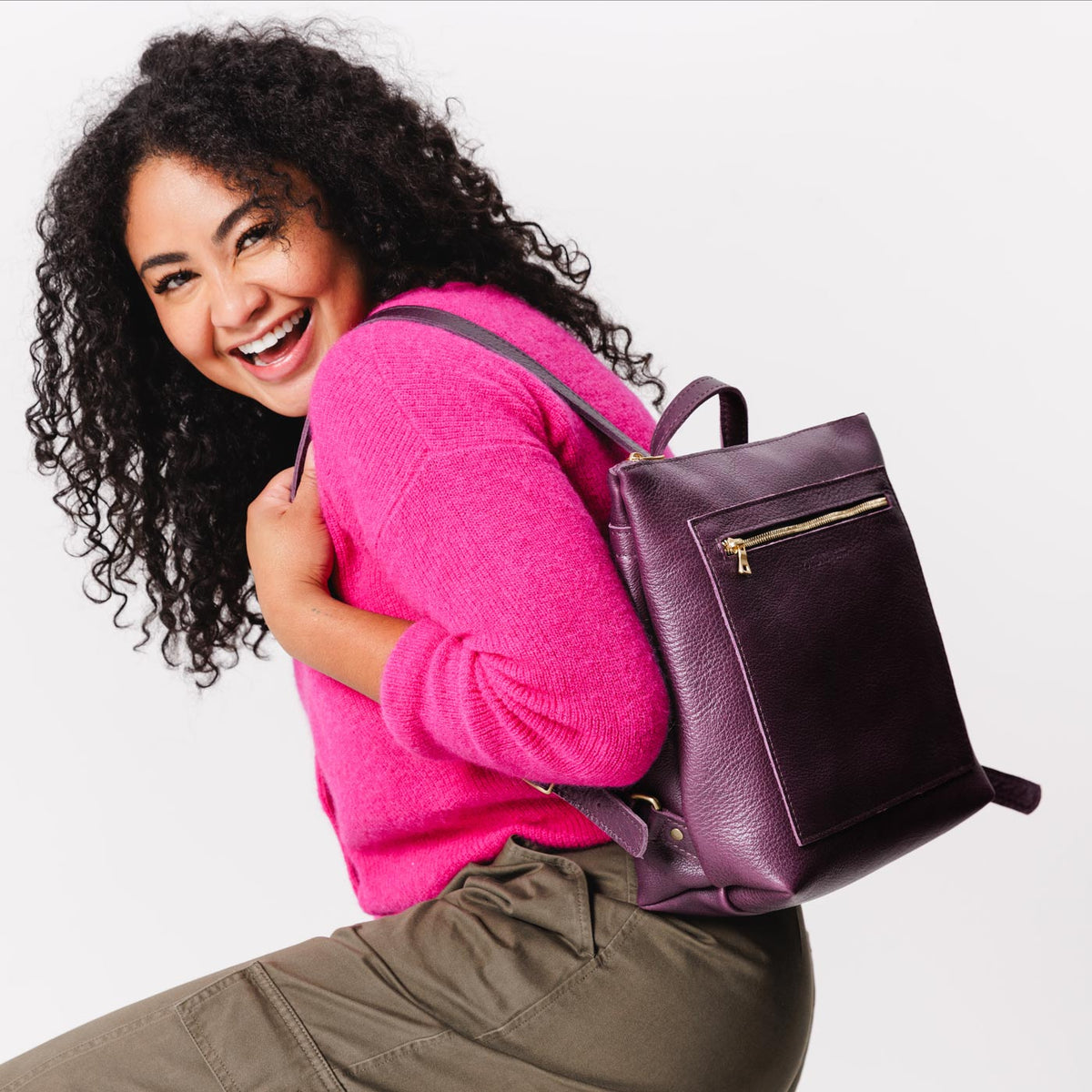All Color: Plum*Large | Model wearing square slim leather tote backpack