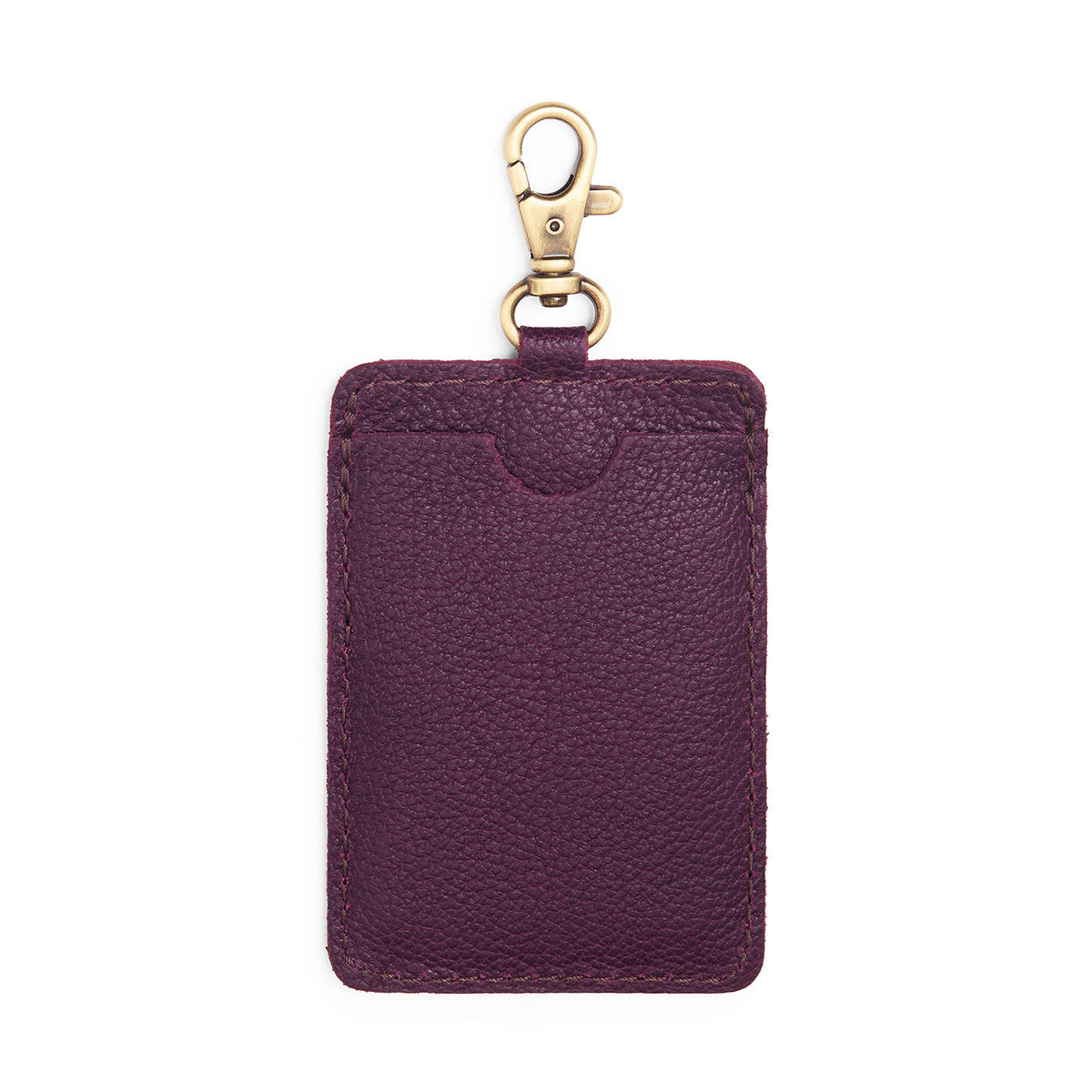 Plum | A leather card holder with a swivel lobster clasp on a white background