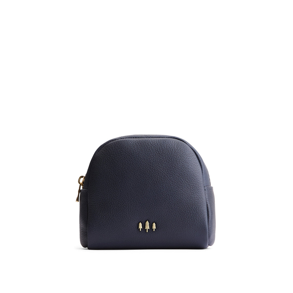 Night Owl | Curved top leather pouch with zipper opening, flat base, and three metal tree emblems in front