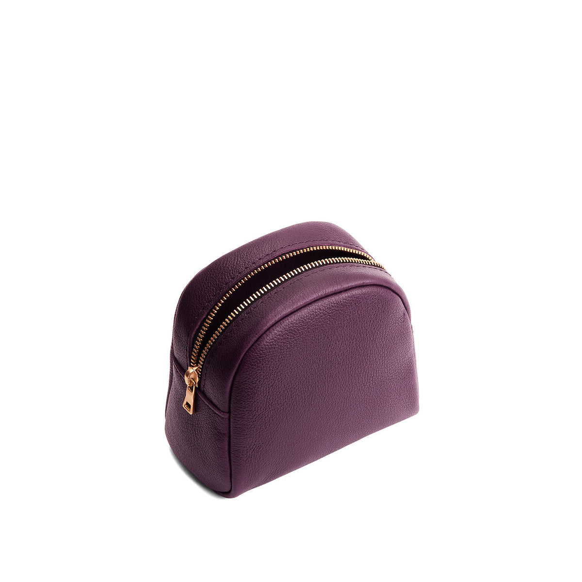 Plum | Curved top leather pouch with zipper opening, flat base, and three metal tree emblems in front