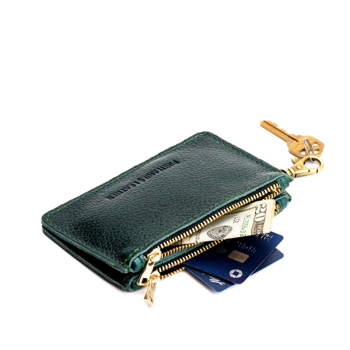 Forest Green | Leather double zip wallet with keychain clasp